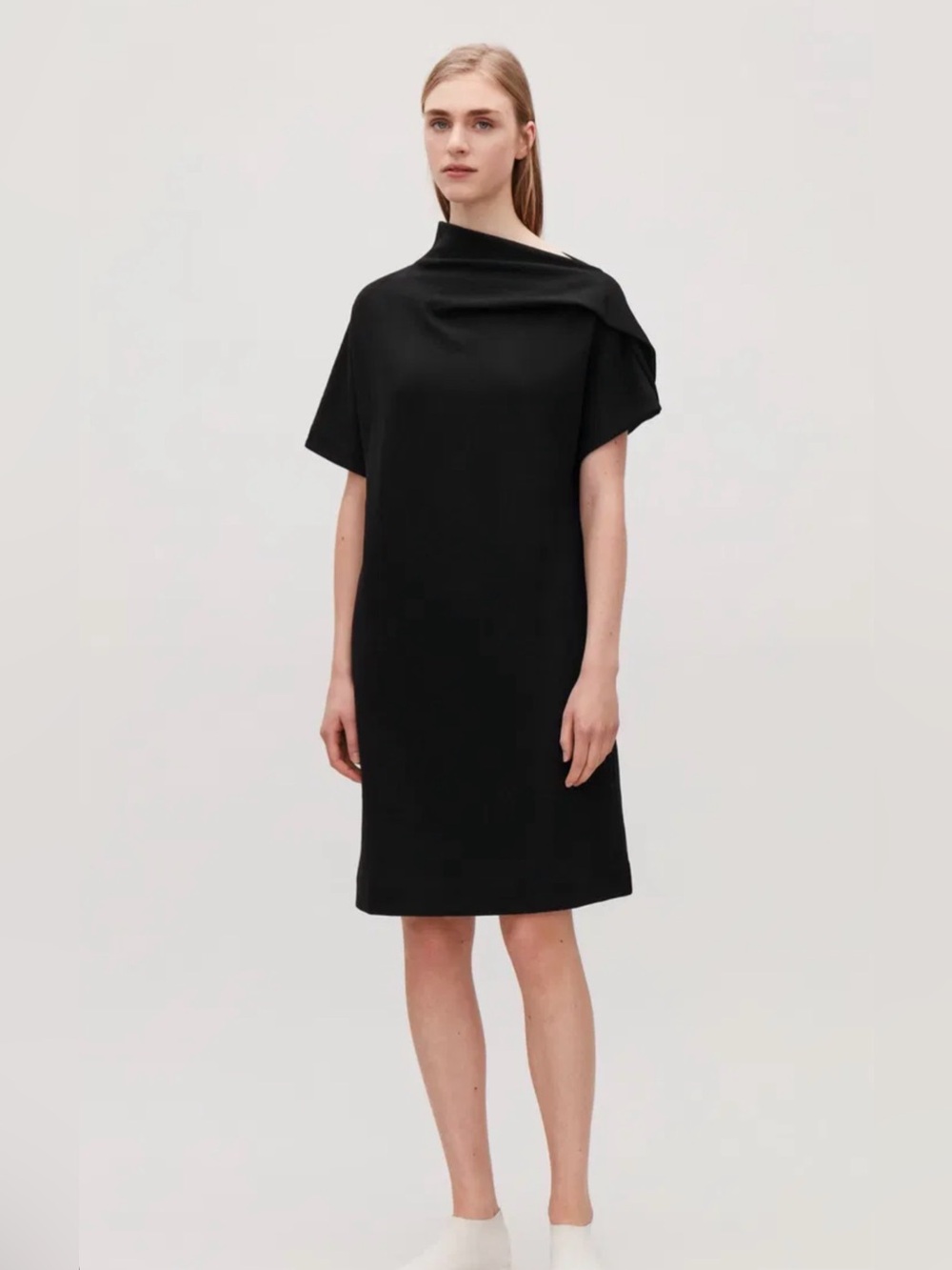 COS Black Draped-Neck Midi Jersey Dress - Size Large